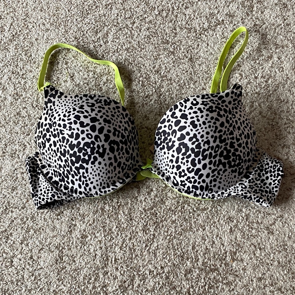 Victoria's Secret Black & White Leopard Print Bra with Neon Yellow Straps